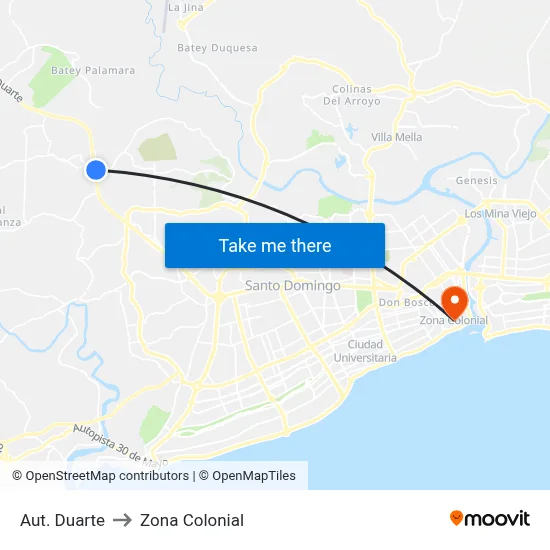 Aut. Duarte to Zona Colonial map