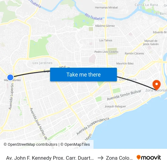 Av. John F. Kennedy Prox. Carr. Duarte Vieja to Zona Colonial map