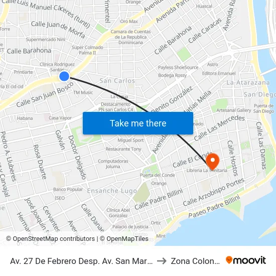 Av. 27 De Febrero Desp. Av. San Martin to Zona Colonial map