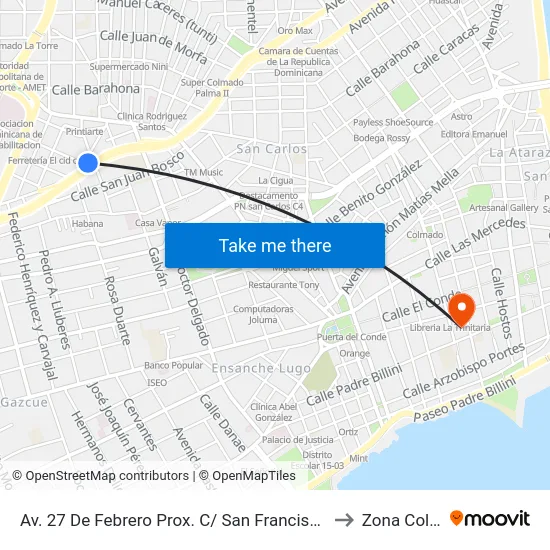Av. 27 De Febrero Prox. C/ San Francisco De Macorís to Zona Colonial map