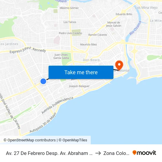 Av. 27 De Febrero Desp. Av. Abraham Lincoln to Zona Colonial map
