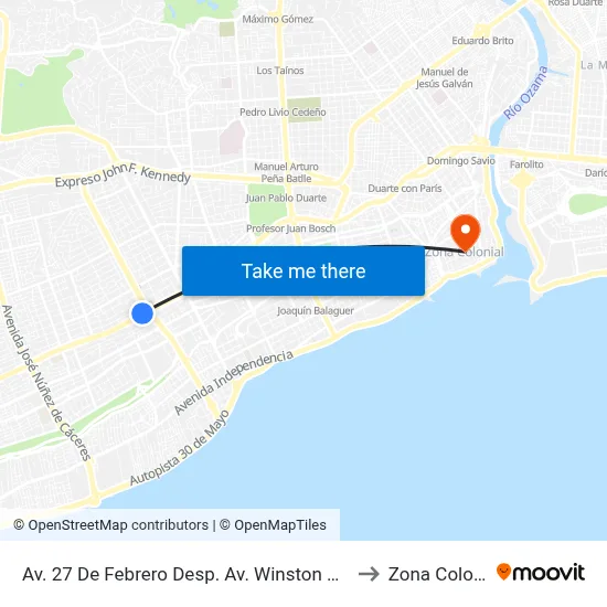 Av. 27 De Febrero Desp. Av. Winston Churchill to Zona Colonial map