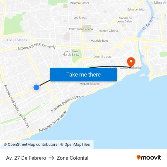Av. 27 De Febrero to Zona Colonial map