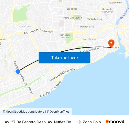Av. 27 De Febrero Desp. Av. Núñez De Cáceres to Zona Colonial map