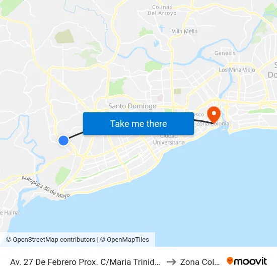 Av. 27 De Febrero Prox. C/Maria Trinidad Sanchez to Zona Colonial map