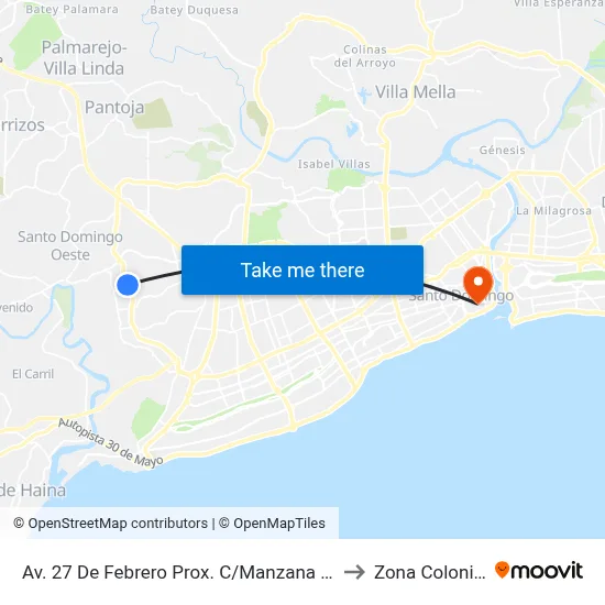 Av. 27 De Febrero Prox. C/Manzana 31 to Zona Colonial map