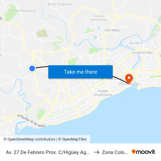 Av. 27 De Febrero Prox. C/Higüey Aguacate to Zona Colonial map