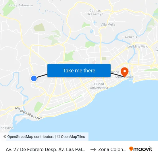 Av. 27 De Febrero Desp. Av. Las Palmas to Zona Colonial map