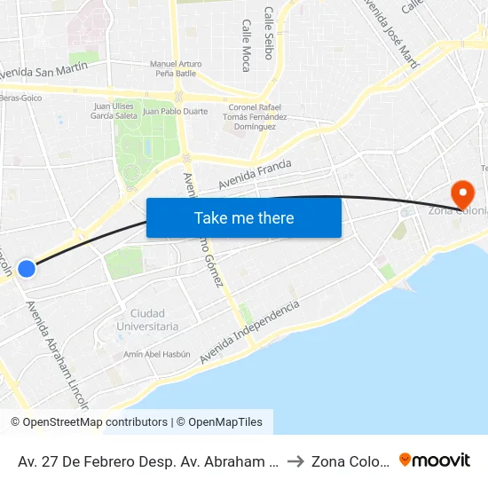 Av. 27 De Febrero Desp. Av. Abraham Lincoln to Zona Colonial map
