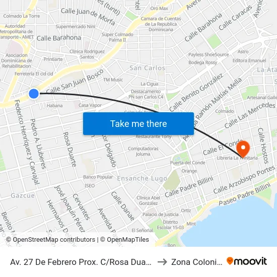 Av. 27 De Febrero Prox. C/Rosa Duarte to Zona Colonial map