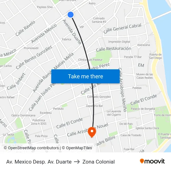 Av. Mexico Desp. Av. Duarte to Zona Colonial map