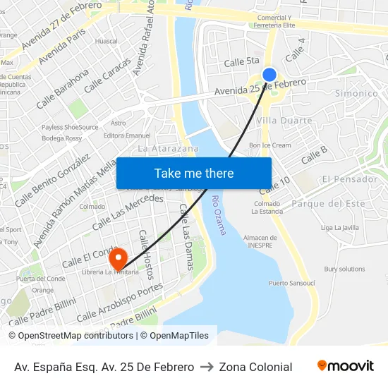 Av. España Esq. Av. 25 De Febrero to Zona Colonial map