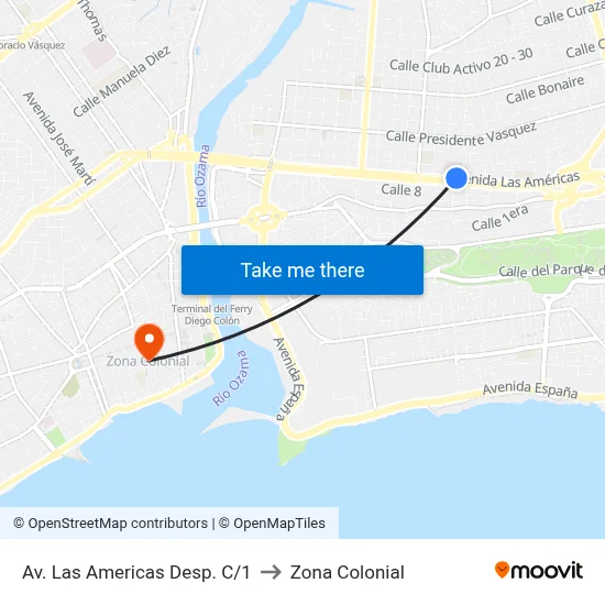 Av. Las Americas Desp. C/1 to Zona Colonial map