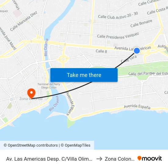 Av. Las Americas Desp. C/Villa Olimpica to Zona Colonial map