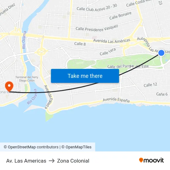 Av. Las Americas to Zona Colonial map