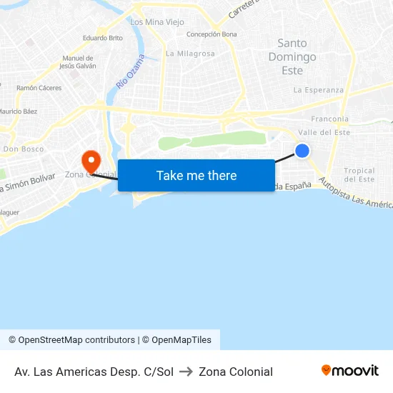 Av. Las Americas Desp. C/Sol to Zona Colonial map