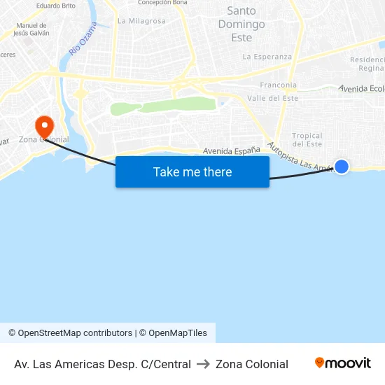 Av. Las Americas Desp. C/Central to Zona Colonial map