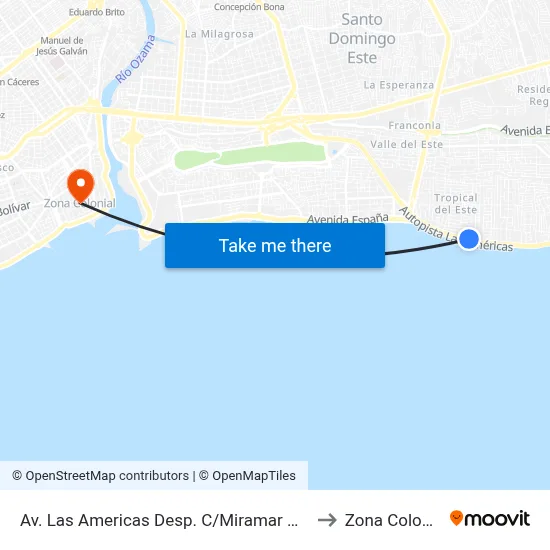 Av. Las Americas Desp. C/Miramar Norte to Zona Colonial map