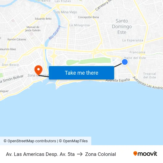 Av. Las Americas Desp. Av. 5ta to Zona Colonial map