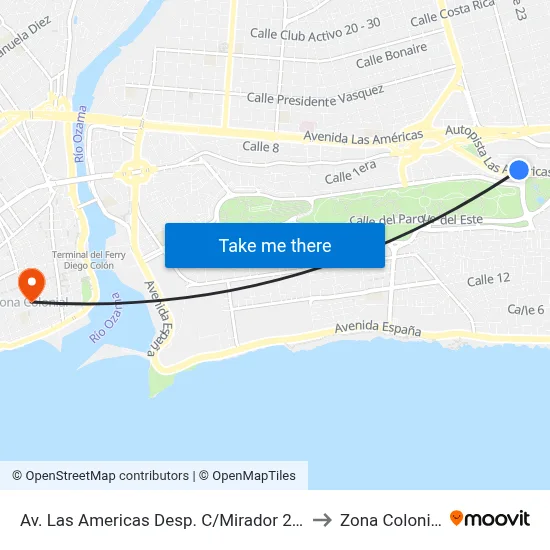 Av. Las Americas Desp. C/Mirador 2da to Zona Colonial map