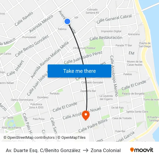Av. Duarte Esq. C/Benito González to Zona Colonial map