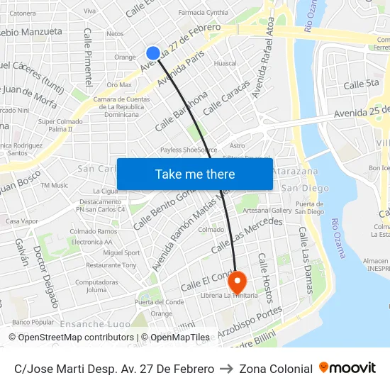C/Jose Marti Desp. Av. 27 De Febrero to Zona Colonial map