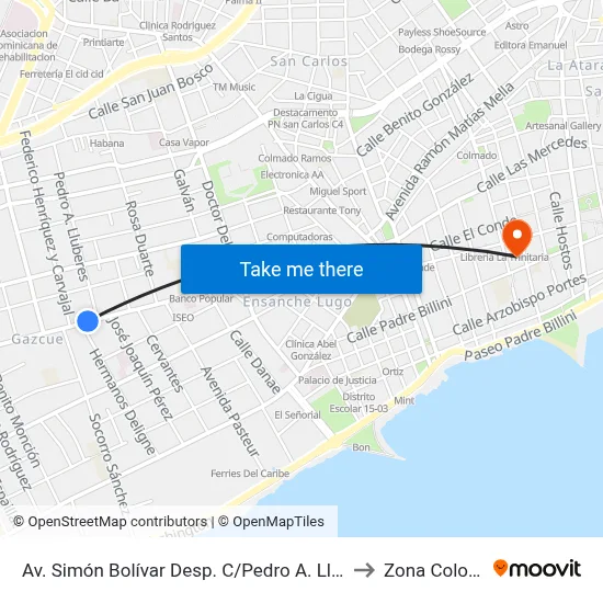 Av. Simón Bolívar Desp. C/Pedro A. Lluberes to Zona Colonial map