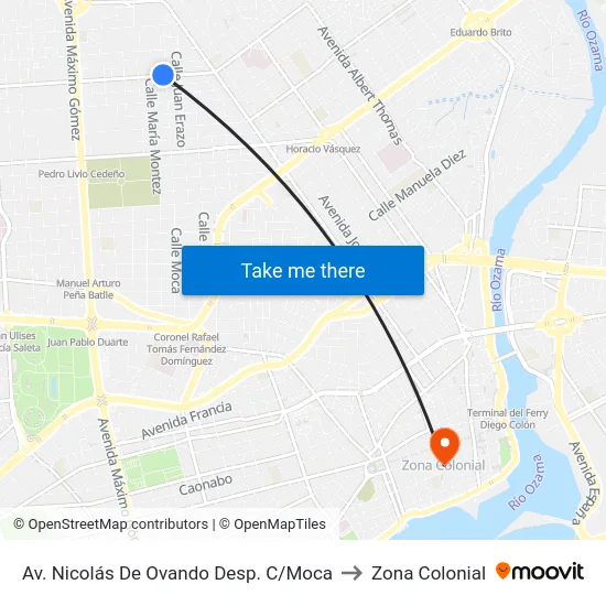 Av. Nicolás De Ovando Desp. C/Moca to Zona Colonial map