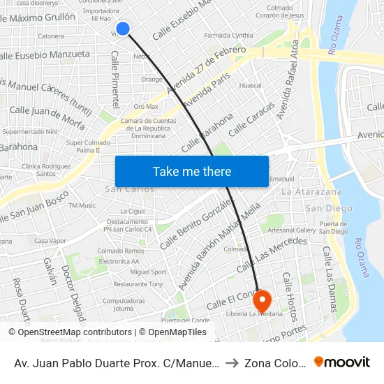 Av. Juan Pablo Duarte Prox. C/Manuela Diez to Zona Colonial map