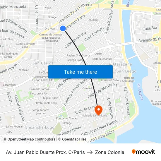 Av. Juan Pablo Duarte Prox. C/Paris to Zona Colonial map