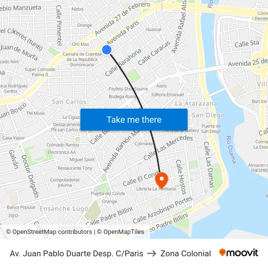 Av. Juan Pablo Duarte Desp. C/Paris to Zona Colonial map