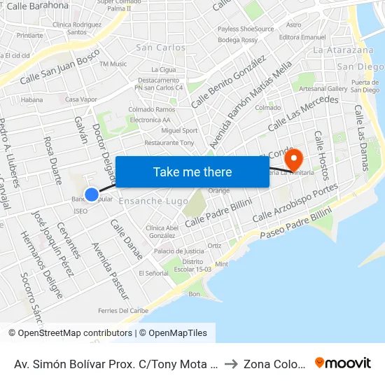 Av. Simón Bolívar Prox. C/Tony Mota Ricart to Zona Colonial map