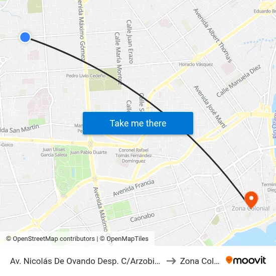 Av. Nicolás De Ovando Desp. C/Arzobispo Romero to Zona Colonial map