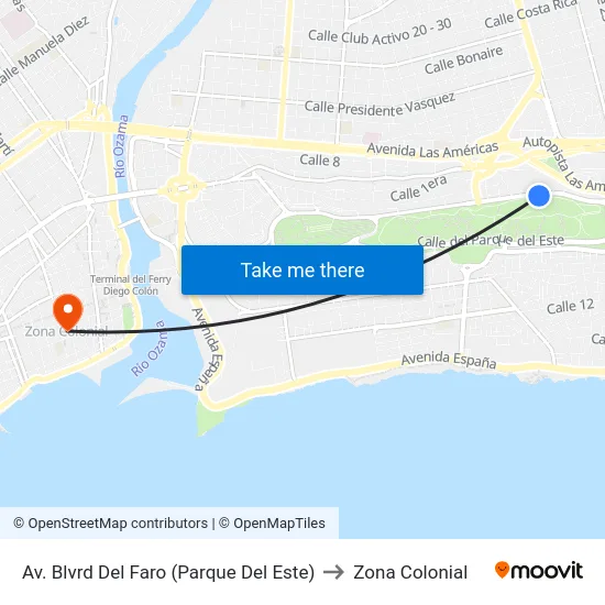 Av. Blvrd Del Faro (Parque Del Este) to Zona Colonial map