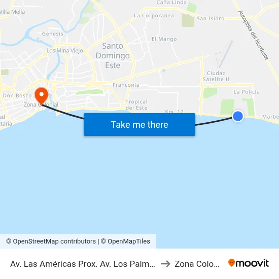 Av. Las Américas Prox. Av. Los Palmeros to Zona Colonial map