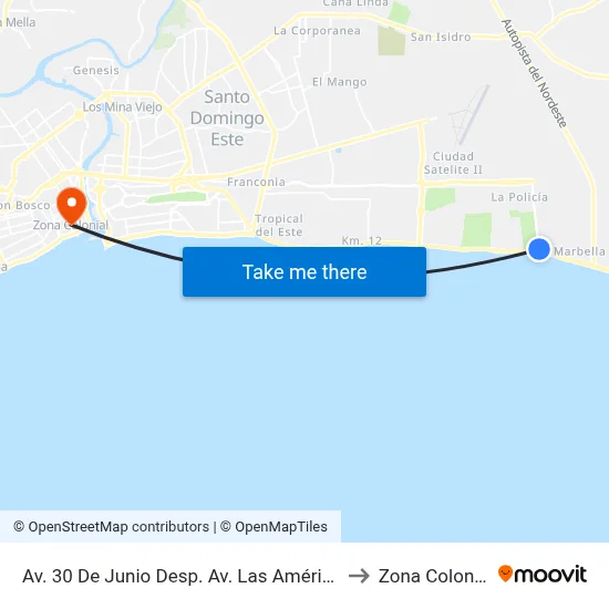 Av. 30 De Junio Desp. Av. Las Américas to Zona Colonial map