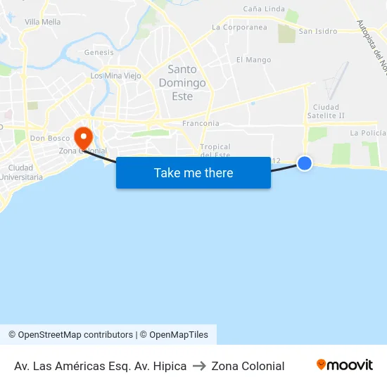 Av. Las Américas Esq. Av. Hipica to Zona Colonial map