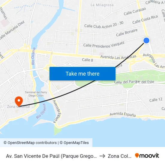 Av. San Vicente De Paúl (Parque Gregorio Luperon) to Zona Colonial map