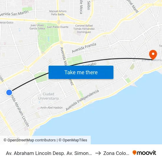Av. Abraham Lincoln Desp. Av. Simon Bolivar to Zona Colonial map