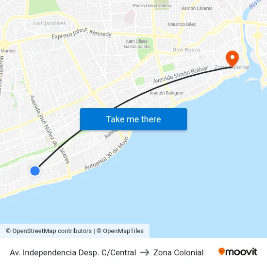Av. Independencia Desp. C/Central to Zona Colonial map