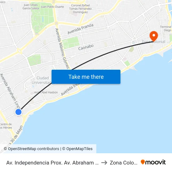 Av. Independencia Prox. Av. Abraham Lincoln to Zona Colonial map