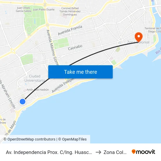 Av. Independencia Prox. C/Ing. Huascar Tejeda to Zona Colonial map