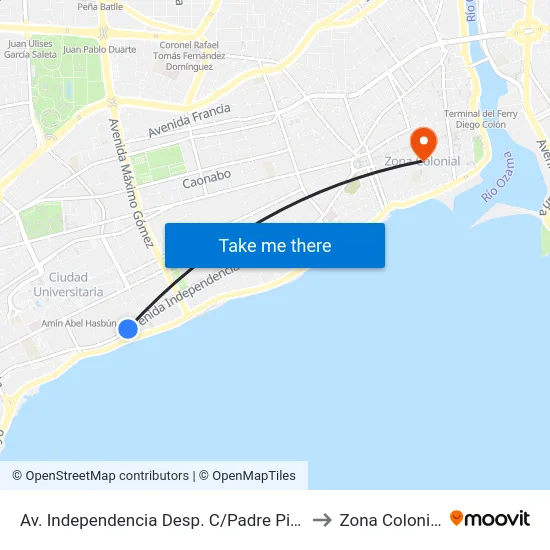 Av. Independencia Desp. C/Padre Pina to Zona Colonial map