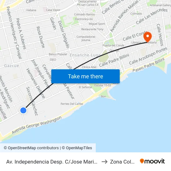 Av. Independencia Desp. C/Jose Maria Heredia to Zona Colonial map
