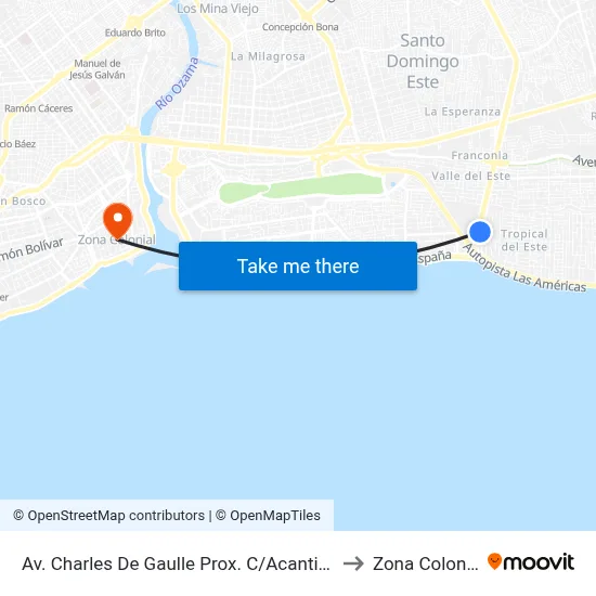 Av. Charles De Gaulle Prox. C/Acantilado to Zona Colonial map