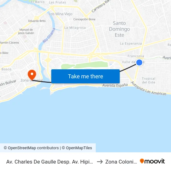Av. Charles De Gaulle Desp. Av. Hipica to Zona Colonial map