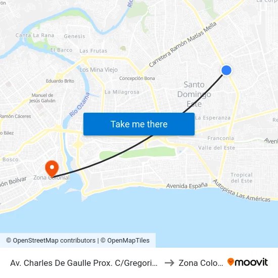 Av. Charles De Gaulle Prox. C/Gregorio Estrella to Zona Colonial map