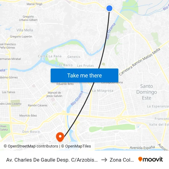 Av. Charles De Gaulle Desp. C/Arzobispo Romero to Zona Colonial map