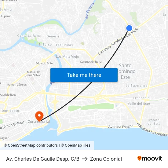 Av. Charles De Gaulle Desp. C/B to Zona Colonial map