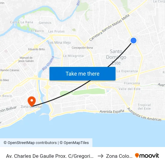 Av. Charles De Gaulle Prox. C/Gregorio Estrella to Zona Colonial map